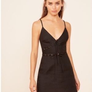 Reformation Black Mini Linen Dress with tie details